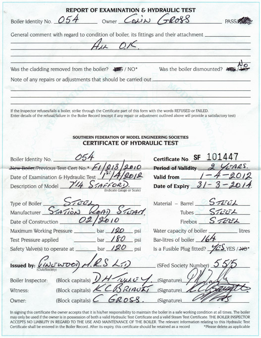 A typical hydraulic test certificate for a Stafford steam locomotive