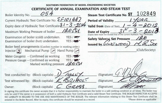 Annual steam test certificate